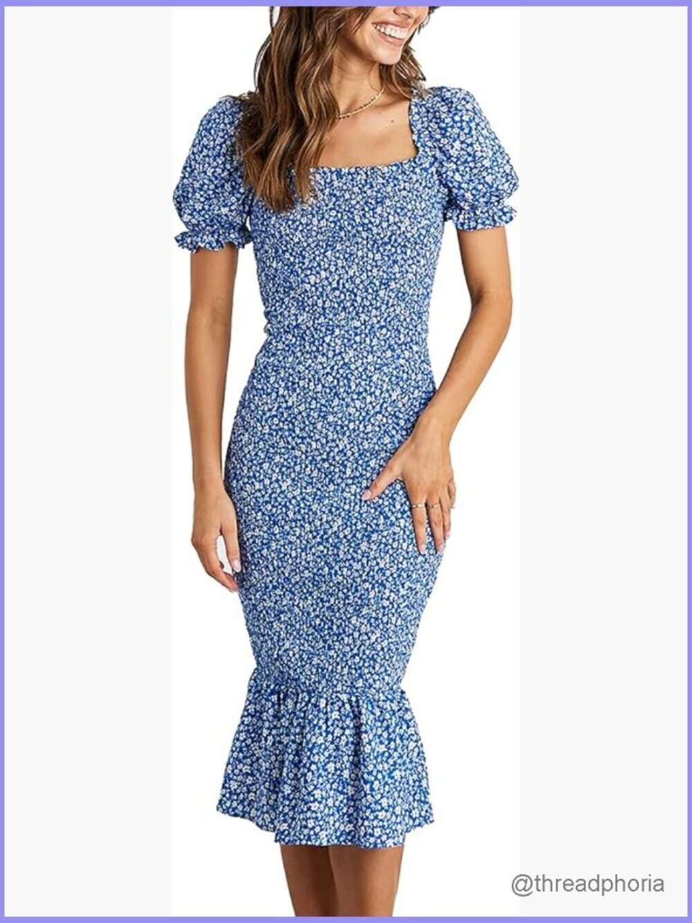 Floral Bodycon Midi Dress Puff Sleeve Mermaid Cocktail Party Dress